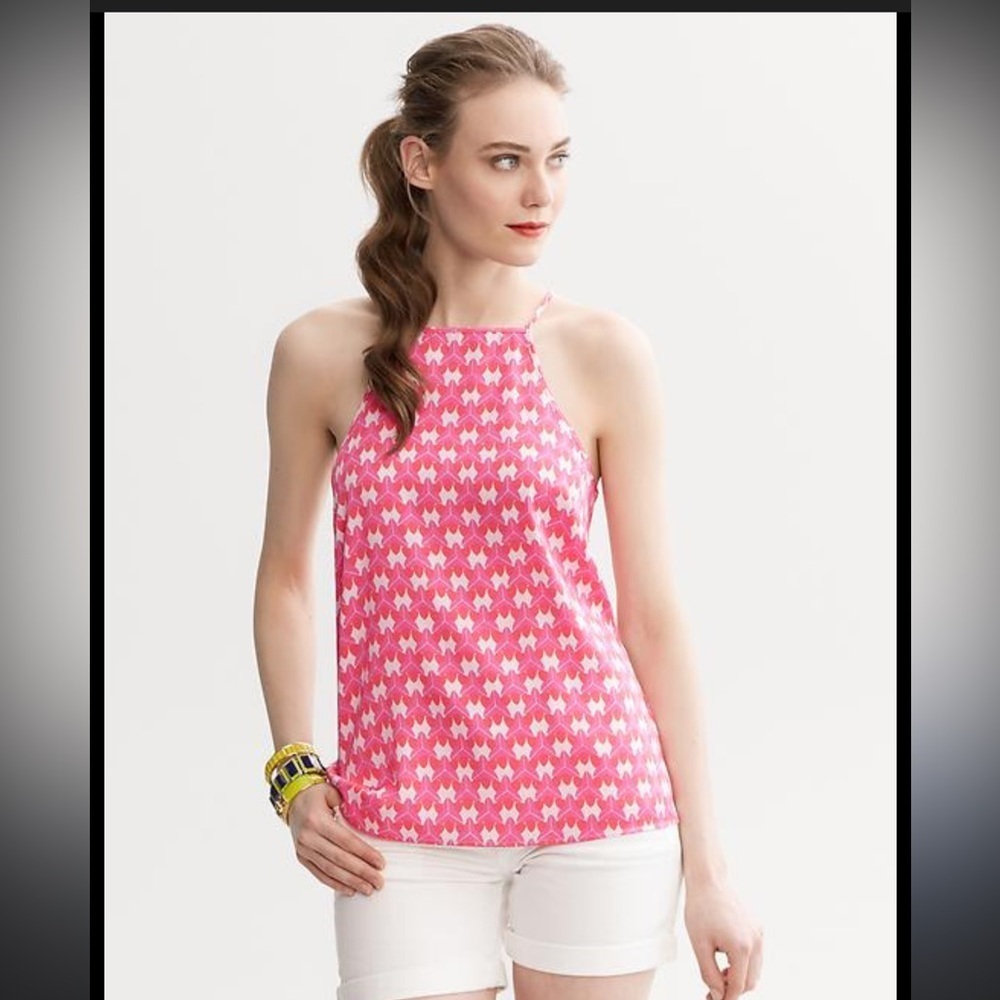 Milly X Banana Republic Geometric Silk Blend Halter Tank Pink, Orange & White